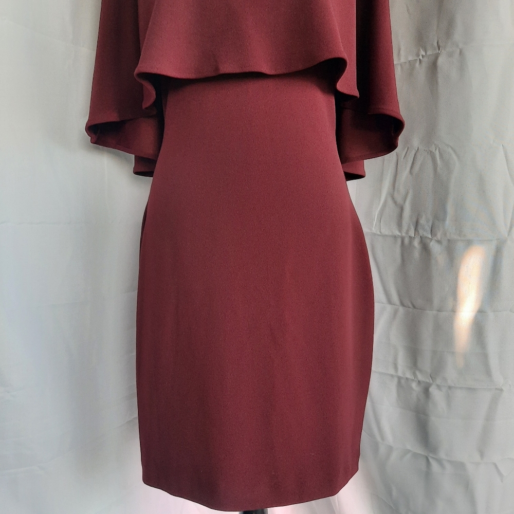 Belle Badgley Mischka Dress Size 4 Deep V Neck Burgundy Red Wine Cape Mini - Picture 4 of 16